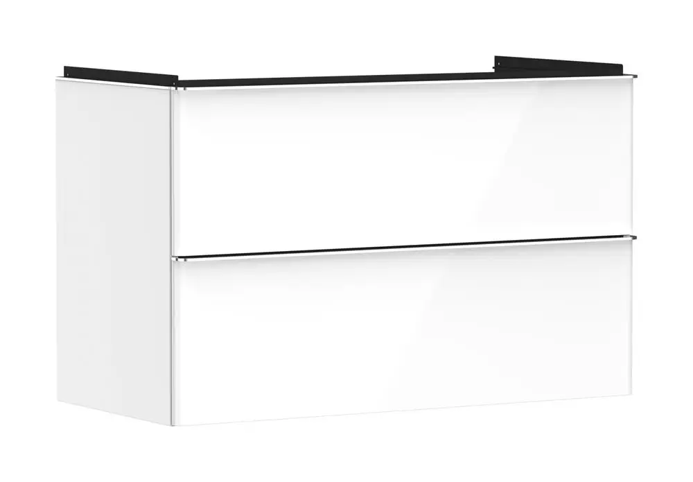 Weißer Waschtischunterschrank von Hansgrohe mit zwei Schubkästen, elegantem Design und glatter Oberfläche. Ideal für ein modernes Badezimmer.